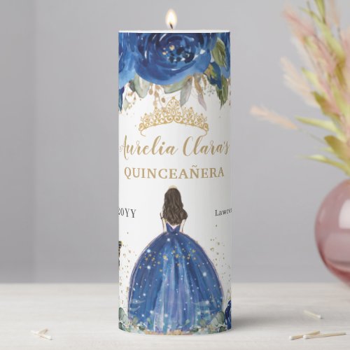 Royal Blue Flowers Roses Gold Quinceaera Birthday Pillar Candle