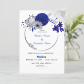 royal blue flowers silver floral wreath wedding invitation (Standing Front)