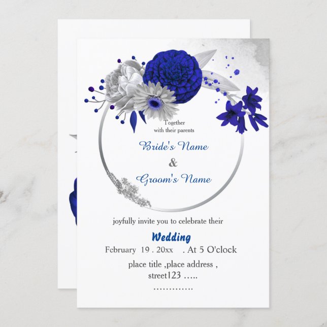 royal blue flowers silver floral wreath wedding invitation (Front/Back)