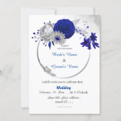 royal blue flowers silver floral wreath wedding invitation (Front)