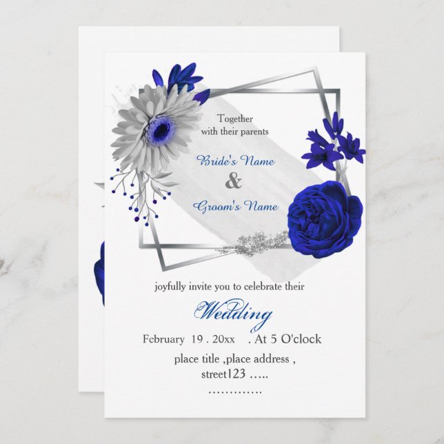 royal blue flowers silver geometric frame invitation (Front/Back)