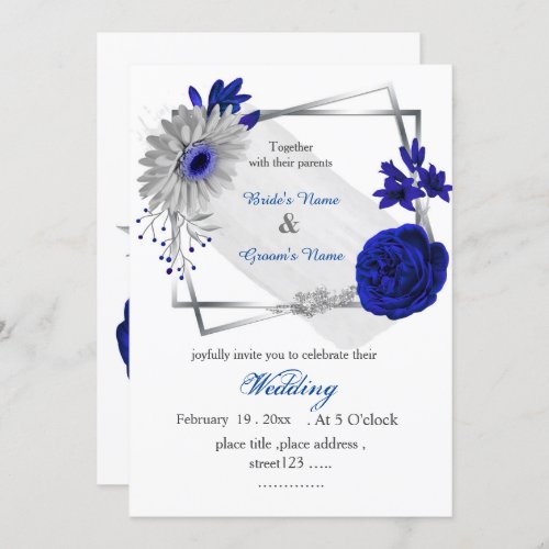 royal blue flowers silver geometric frame invitation