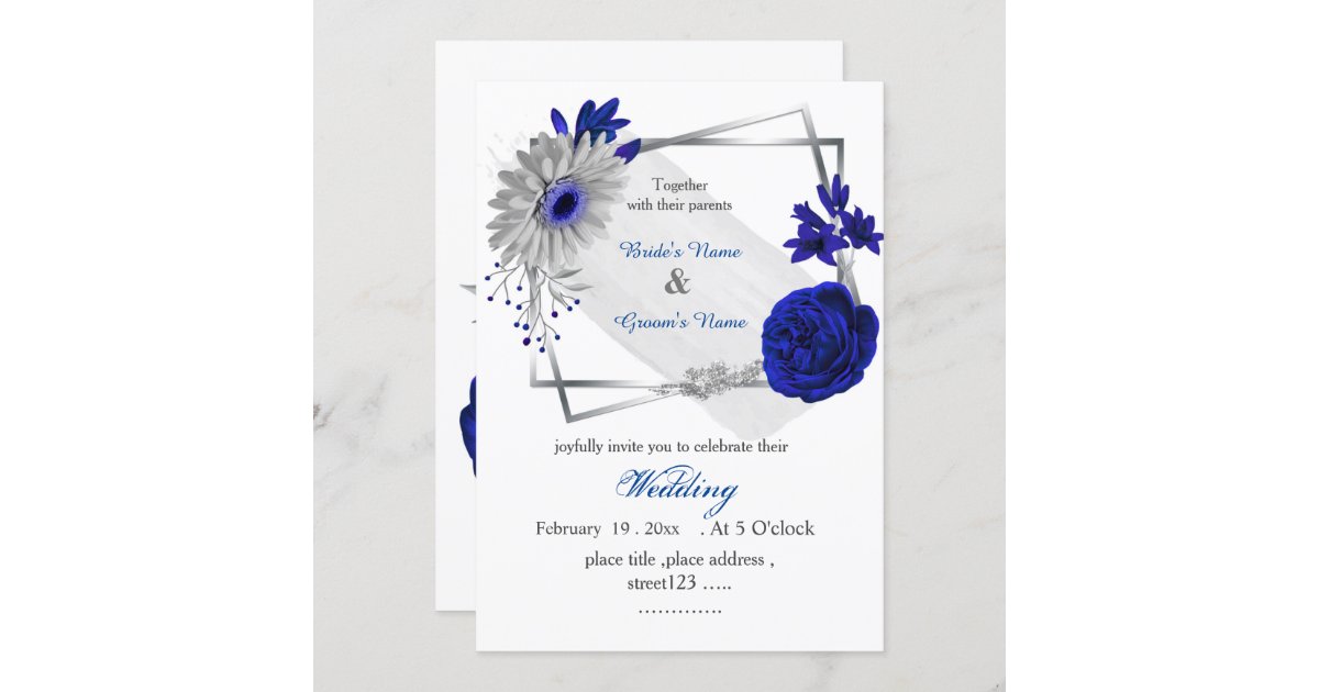 royal blue flowers silver geometric frame invitation Zazzle