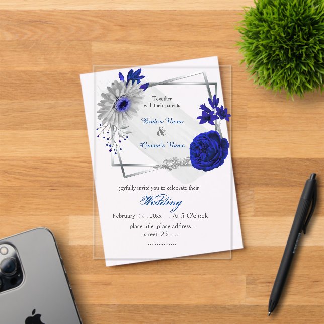 royal blue flowers silver geometric wedding acrylic invitations (Insitu (Invitation Card))