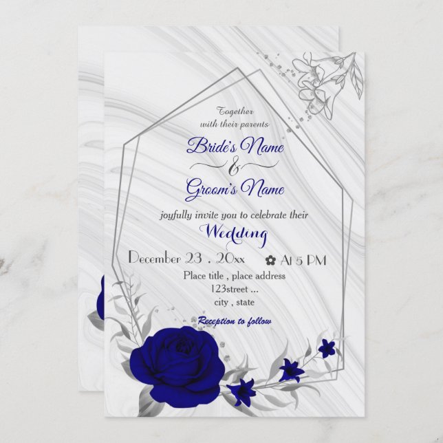 royal blue flowers silver geometric wedding invita invitation (Front/Back)