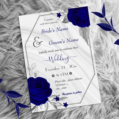 royal blue flowers silver geometric wedding invitation