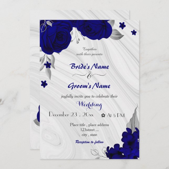 royal blue flowers silver gray wedding invitation (Front/Back)