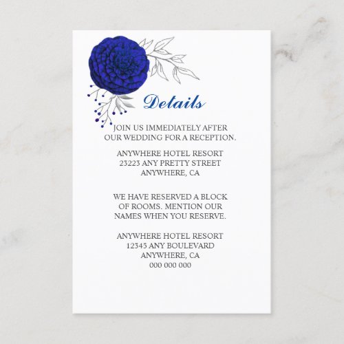 royal blue flowers silver leaves details enclosure card