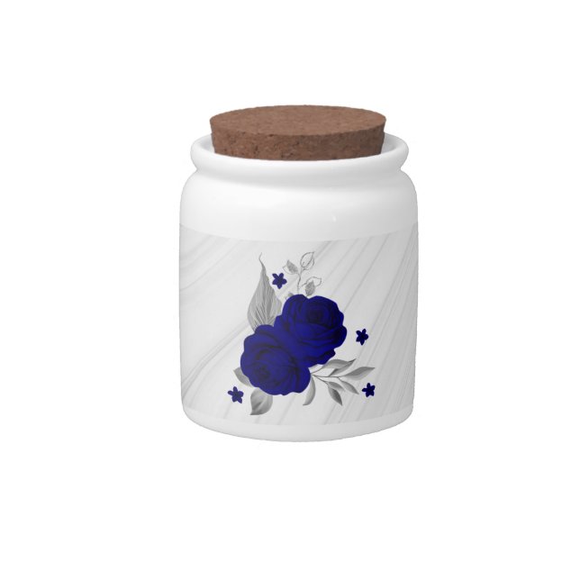 royal blue flowers silver leaves marble candy jar (Front)