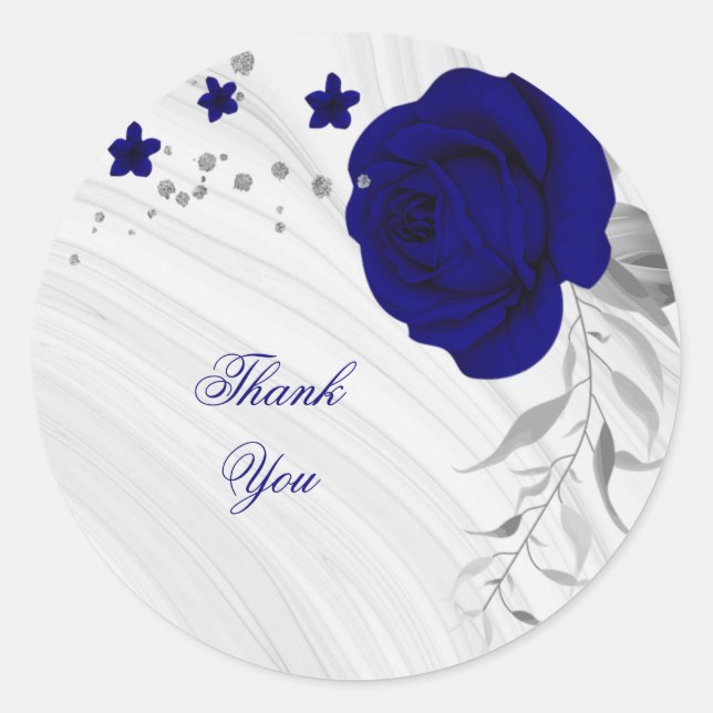 royal blue flowers silver leaves marble classic ro round sticker (Front)