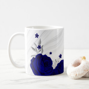 royal blue flowers silver leaves marble coffee mug