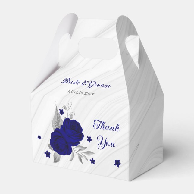 royal blue flowers silver leaves marble favor boxes (Front Side)
