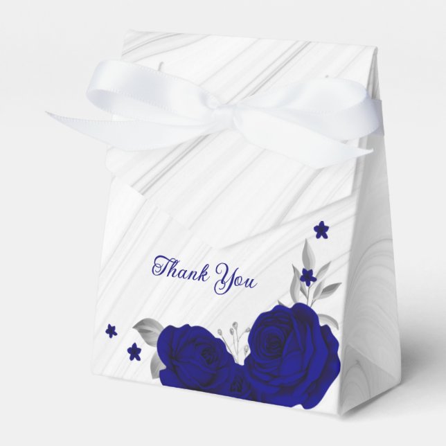 royal blue flowers silver leaves marble favor boxes (Front Side)
