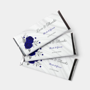 royal blue flowers silver leaves marble hershey bar favors