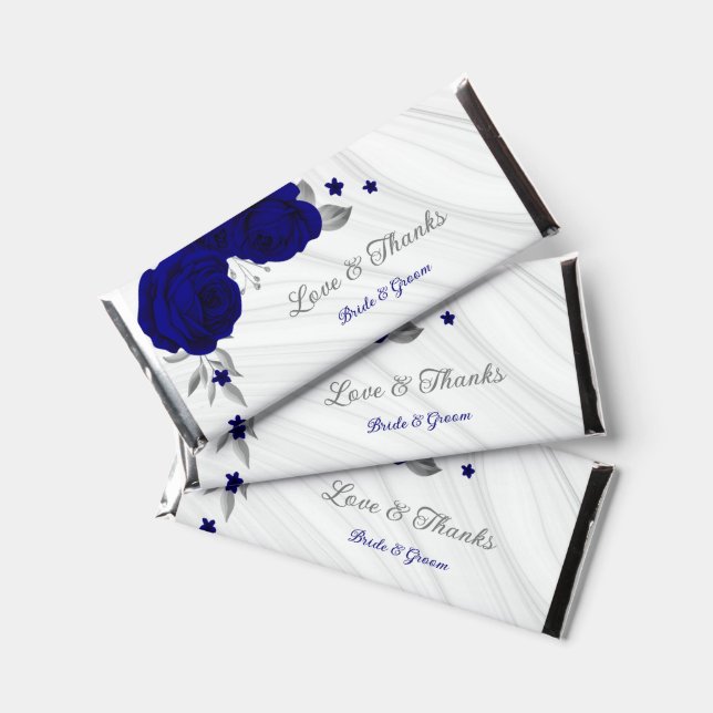 royal blue flowers silver leaves marble hershey bar favors (Front)