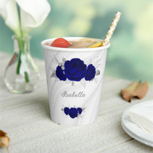 royal blue flowers silver leaves marble paper cups