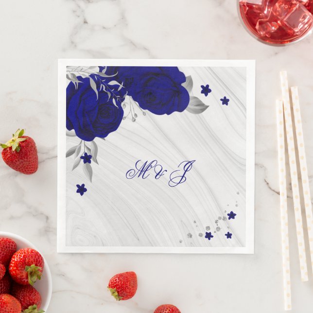 royal blue flowers silver leaves marble paper dinner napkins (Insitu)