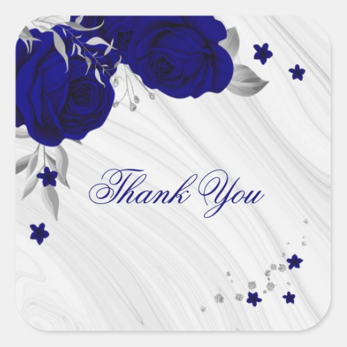 royal blue flowers silver leaves marble thank you square sticker