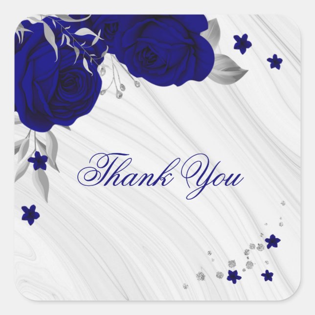 royal blue flowers silver leaves marble thank you square sticker (Front)