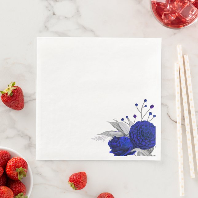 royal blue flowers & silver leaves paper dinner napkins (Insitu)