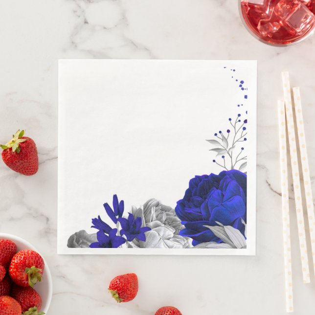 royal blue flowers & silver leaves wedding paper dinner napkins (Insitu)