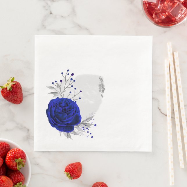 royal blue flowers & silver leaves white paper dinner napkins (Insitu)