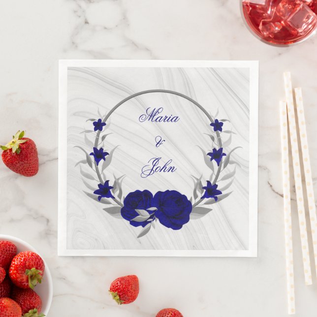 royal blue flowers silver leaves wreath marble paper dinner napkins (Insitu)