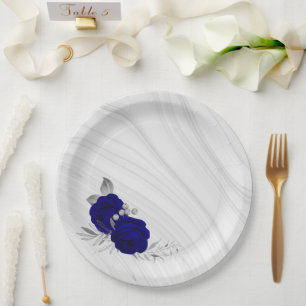royal blue flowers silver leaves wreath marble paper plates