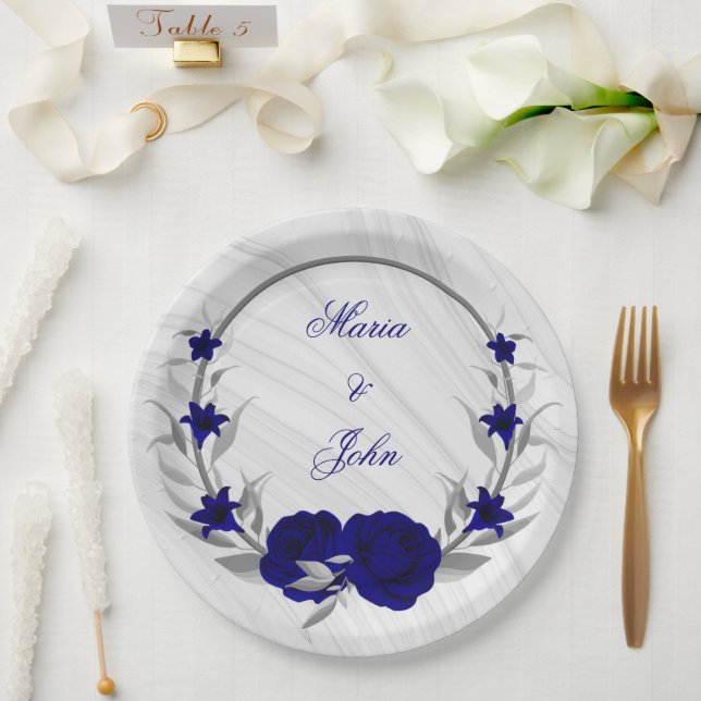 royal blue flowers silver leaves wreath marble paper plates (Wedding)