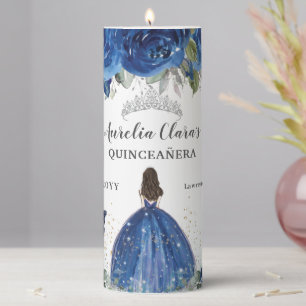Royal Blue Flowers Silver Quinceañera Birthday Pillar Candle