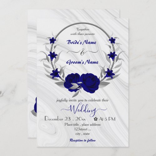 royal blue flowers silver wreath wedding invitatio invitation