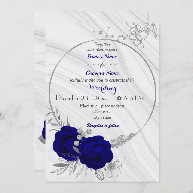 royal blue flowers silver wreath wedding invitation (Front/Back)
