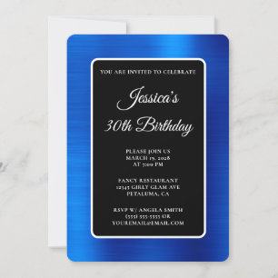 Royal Blue Foil Black and White 30th Birthday Invitation
