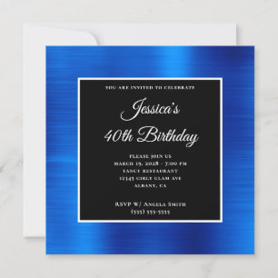 Royal Blue Foil Black and White 40th Birthday Invitation