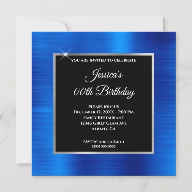 Royal Blue Foil Glam Silver Black Overlay Birthday Invitation (Front)