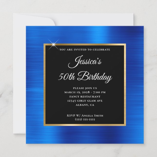 Royal Blue Foil Gold and Black 50th Birthday Invitation (Front)