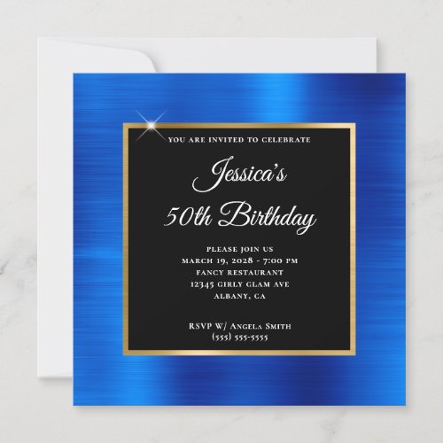 Royal Blue Foil Gold and Black 50th Birthday Invitation