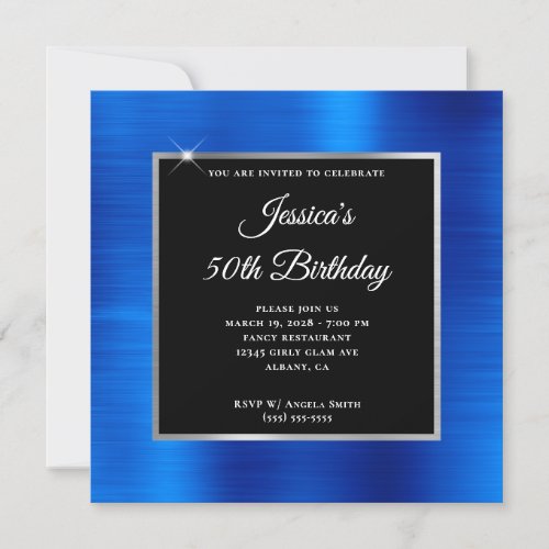 Royal Blue Foil Silver and Black 50th Birthday Invitation