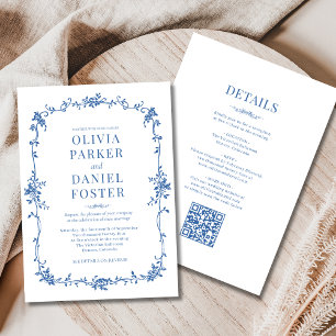 Royal Blue French All in One Victorian Wedding  Invitation