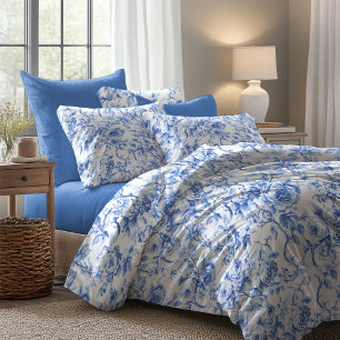 Royal Blue French Toile Roses Floral Duvet Cover