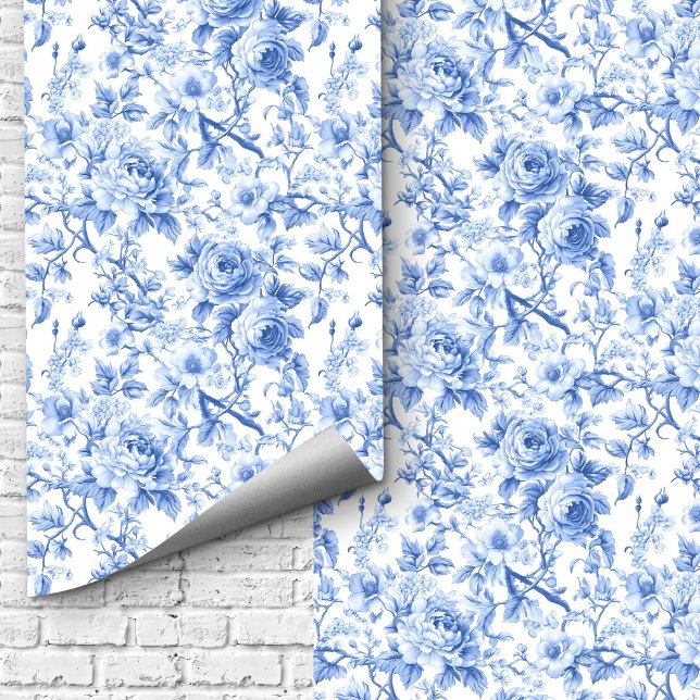 Royal Blue French Toile Roses Floral Wallpaper  (Royal Blue French Toile Roses Floral Wallpaper Design)