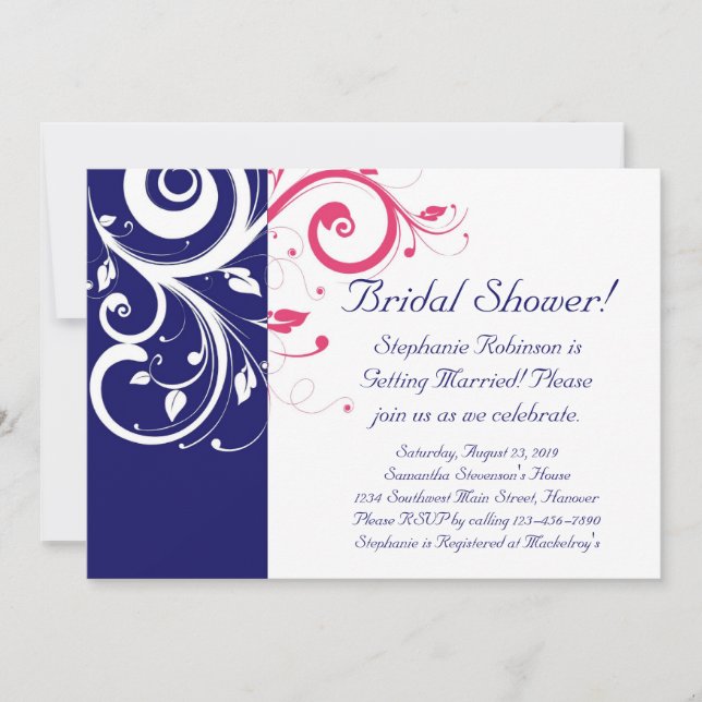 Royal Blue, Fuchsia and White Swirl Bridal Shower Invitation (Front)