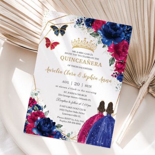 Royal Blue Fuchsia Pink Floral Twins Quinceaera Invitation