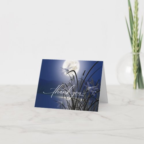 Royal Blue  Full Moon Dragonfly Pond Thank You Card