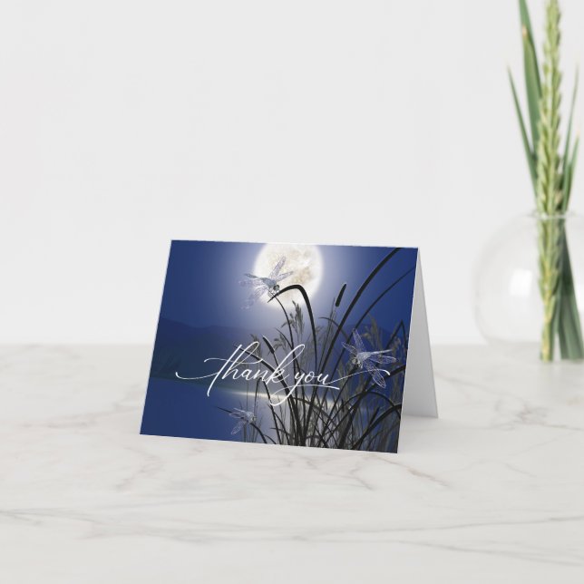 Royal Blue  Full Moon Dragonfly Pond Thank You Card (Front)