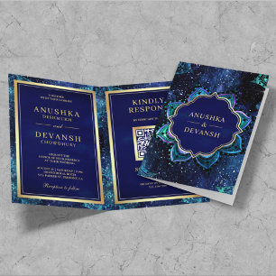 Royal Blue Galaxy Mandala QR Code Indian Wedding Invitation
