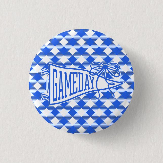 Royal Blue Game Day Gingham Pennant Bow Button (Front)