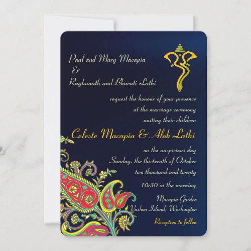 Royal Blue Ganesh Floral Paisley Hindu Wedding Invitation