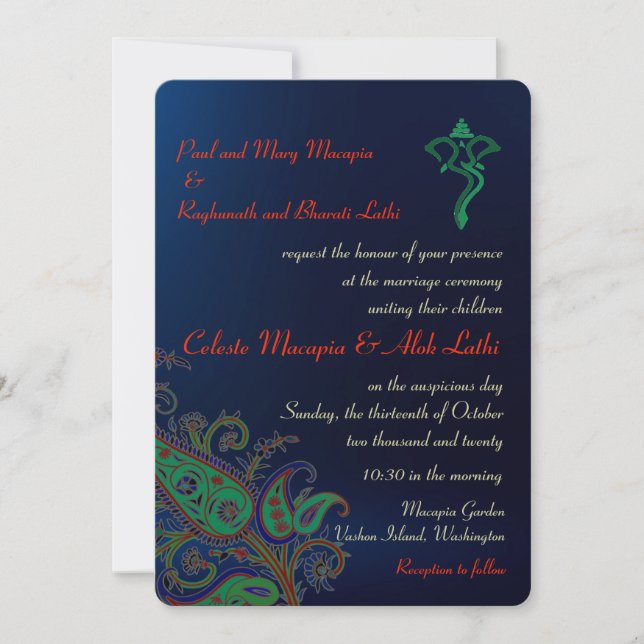 Royal Blue Ganesh Floral Paisley Hindu Wedding Invitation (Front)