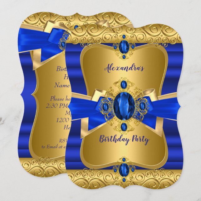 Royal Blue Gem Gold Bow Birthday Party Invitation (Front/Back)